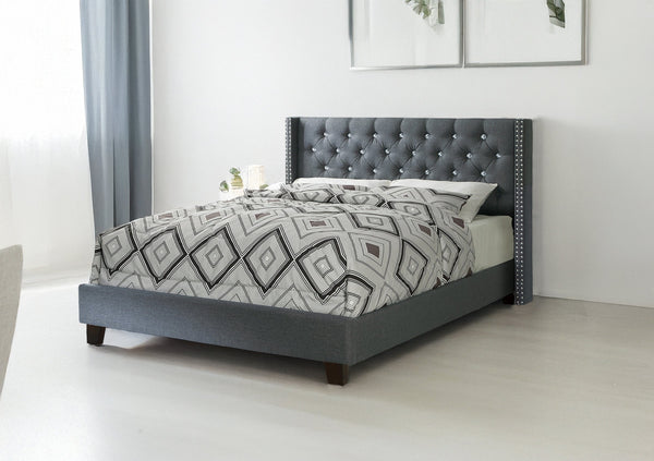 English Elm QUEEN Upholstered Bed Blue Gray with Polyester Fabric & Wood Frame, Headboard 47"H, Stylish Kingly Look B089S00129