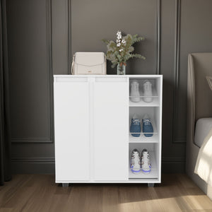 English Elm Gitano Freestanding Shoe Cabinet with 2 Doors, 8 Enclosed & 3 Open Side Shelves, White, Scratch-Resistant Surface B128P375278