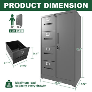 English Elm Metal Storage Vertical Filing Cabinet with 4 Drawers and Side Wardrobe, Steel Ball-Bearing Suspension, Secure Locking Organizer for Home Office and Bedroom Black T2398P272100