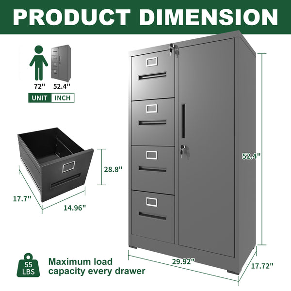 English Elm Metal Storage Vertical Filing Cabinet with 4 Drawers and Side Wardrobe, Steel Ball-Bearing Suspension, Secure Locking Organizer for Home Office and Bedroom Black T2398P272100
