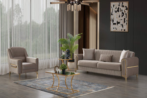 English Elm Melody Velvet Upholstered Accent Chair with Vertical Channeling and Gold Trim for Modern Homes taupe B009P294765