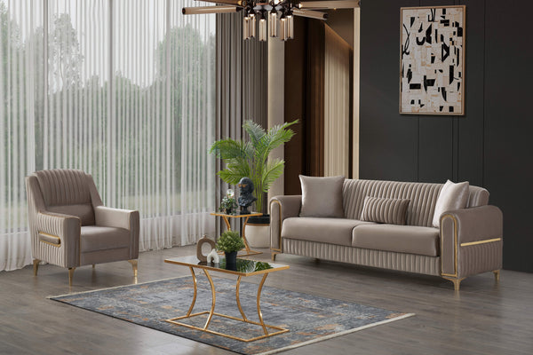 English Elm Melody Velvet Upholstered Accent Chair with Vertical Channeling and Gold Trim for Modern Homes taupe B009P294765