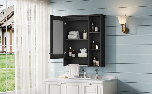 English Elm 3-in-1 Matte Medicine Cabinet Wall Mounted Mirror with Towel Bar and Storage Shelf Black N710P401340B