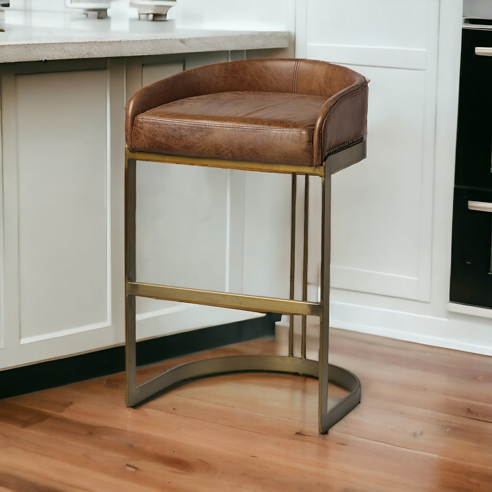 Homeroots 29" Brown Leather And Antiqued Brass Metal Low Back Bar Height Bar Chair   393419