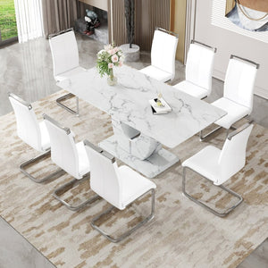 English Elm Table And Chair Set - Elegant Modern Marble Dining Set With 8 Comfortable Pu Chairs & Glass Top W1151S02115-GIGA