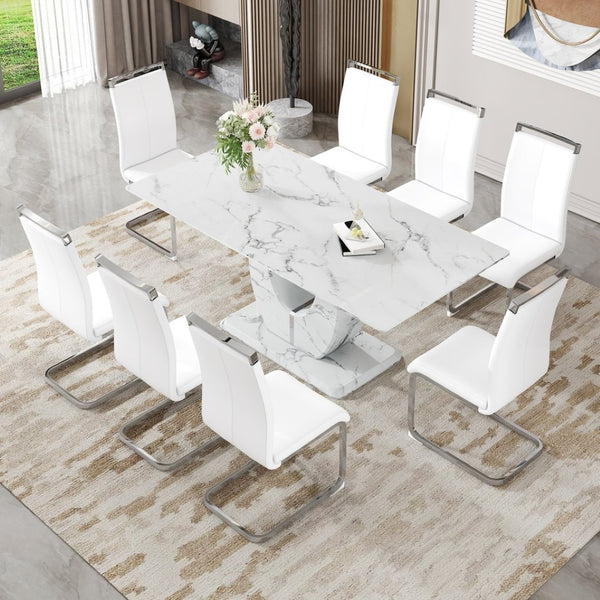 English Elm Table And Chair Set - Elegant Modern Marble Dining Set With 8 Comfortable Pu Chairs & Glass Top W1151S02115-GIGA