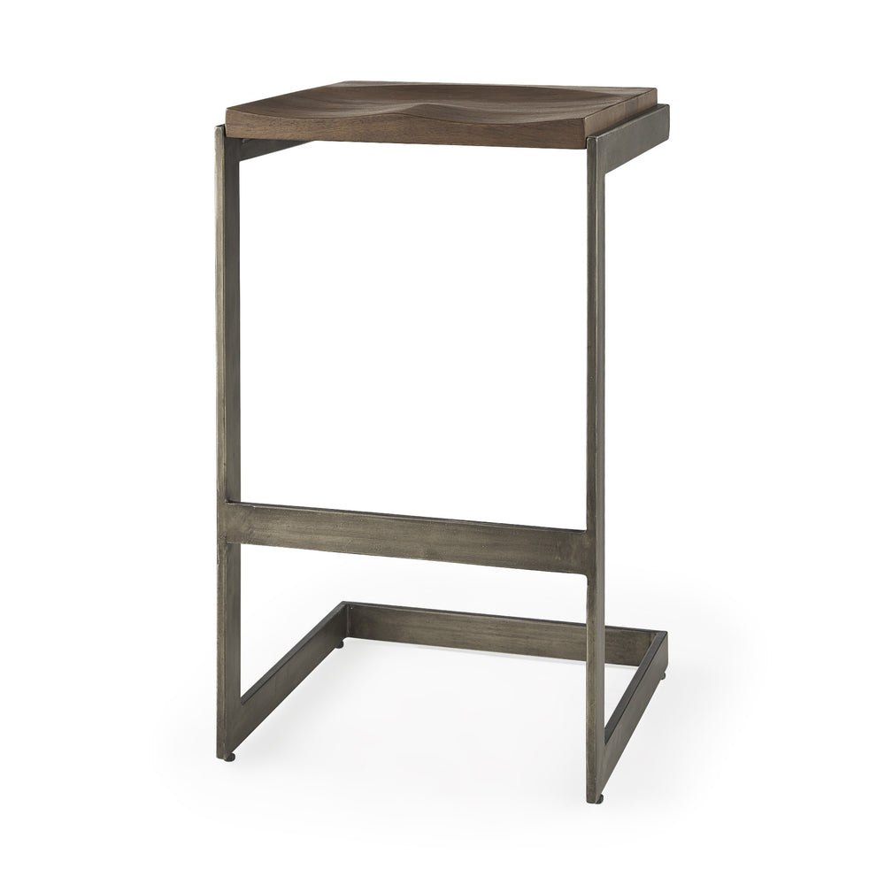 Homeroots 30" Wood Brown And Gray Solid Wood And Metal Backless Bar Height Bar Chair   393438
