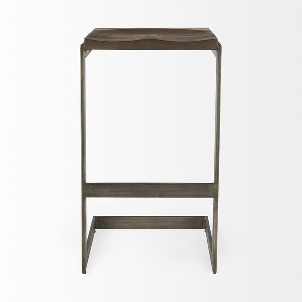 Homeroots 30" Wood Brown And Gray Solid Wood And Metal Backless Bar Height Bar Chair   393438