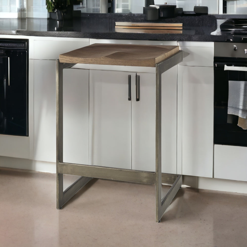 Homeroots 26" Wood Brown And Brown Solid Wood And Metal Backless Counter Height Bar Chair   393439