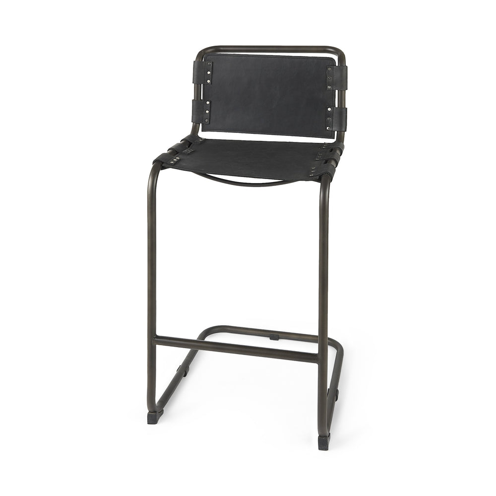 Homeroots 30" Black And Gunmetal Gray Leather And Iron Bar Height Bar Chair   393443