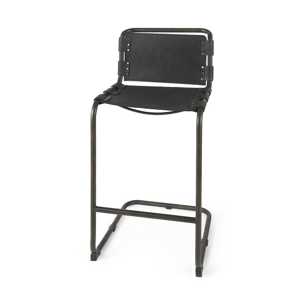 Homeroots 30" Black And Gunmetal Gray Leather And Iron Bar Height Bar Chair   393443