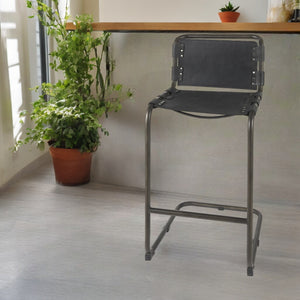 Homeroots 30" Black And Gunmetal Gray Leather And Iron Bar Height Bar Chair   393443