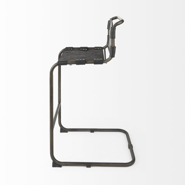 Homeroots 30" Black And Gunmetal Gray Leather And Iron Bar Height Bar Chair   393443