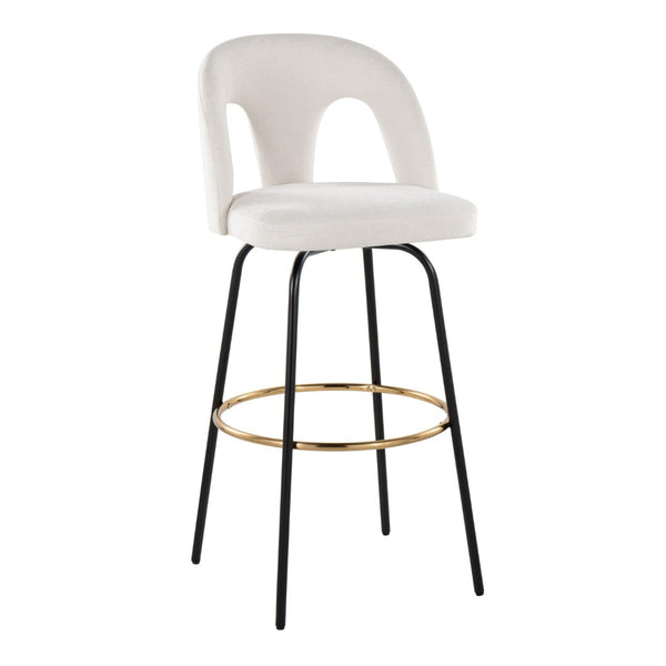 English Elm Fixed-height Swivel Barstools with Gold Footrest Black Frame White Upholstery Set B202S01873
