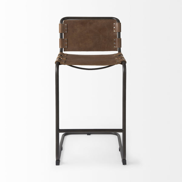 Homeroots 35" Brown Leather And Steel Bar Chair   393444