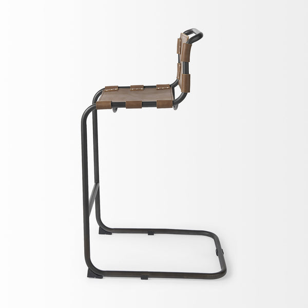 Homeroots 35" Brown Leather And Steel Bar Chair   393444