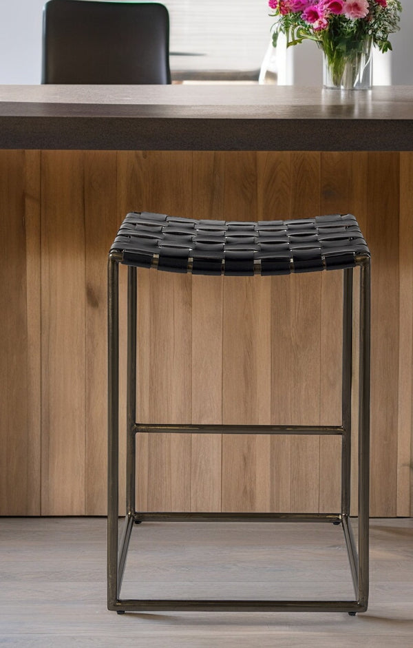 Homeroots 29" Brown Leather And Iron Backless Bar Chair   393448