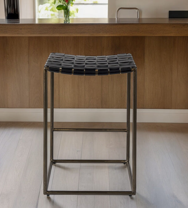 Homeroots 26" Brown And Black Leather And Iron Backless Counter Height Bar Chair   393449