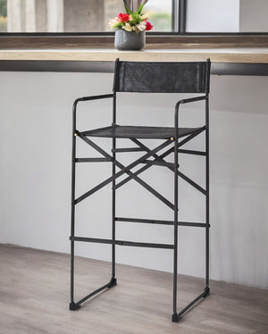 Homeroots 30" Black Leather And Metal Bar Height Bar Chair   393456