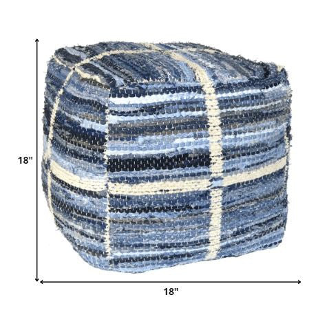 Homeroots Blue Striped Square Pouf  Cotton 393473