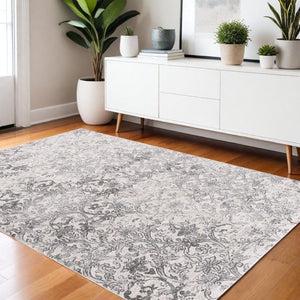 HomeRoots 4' Gray and Ivory Toile Area Rug - Timeless Elegance with Plush Comfort for Any Living Space 4' X 6' 393546