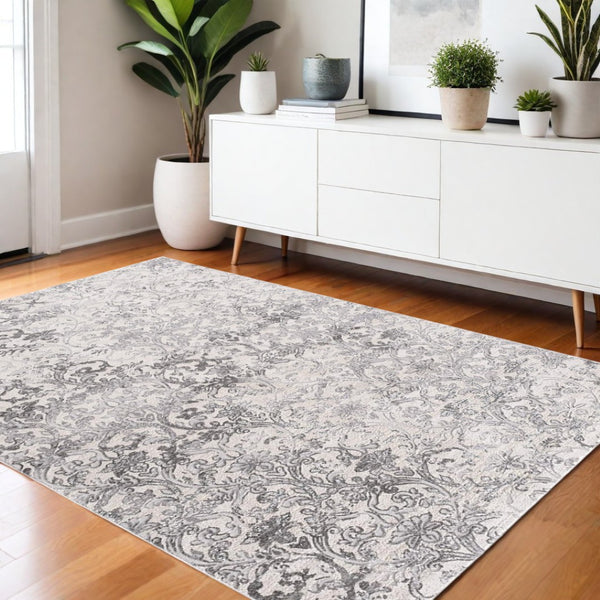 HomeRoots 4' Gray and Ivory Toile Area Rug - Timeless Elegance with Plush Comfort for Any Living Space 4' X 6' 393546