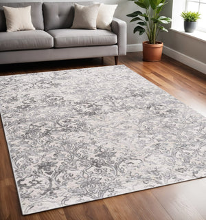 HomeRoots 4' Gray and Ivory Toile Area Rug - Timeless Elegance with Plush Comfort for Any Living Space 5' X 8' 393547