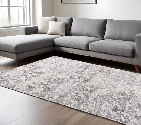 HomeRoots 4' Gray and Ivory Toile Area Rug - Timeless Elegance with Plush Comfort for Any Living Space 8' X 11' 393549
