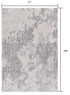 Homeroots 15' Cream Grey Damask Loomed Runner Rug  Polyester 393554