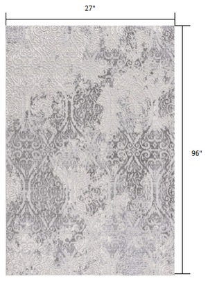 Homeroots 8' Cream Grey Damask Loomed Runner Rug  Polyester 393559