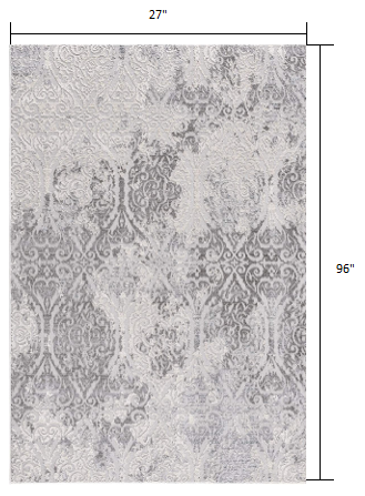 Homeroots 8' Cream Grey Damask Loomed Runner Rug  Polyester 393559