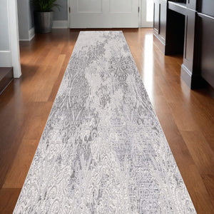 Homeroots 13' Runner Gray Damask Power Loom Runner Rug  Polyester 393567