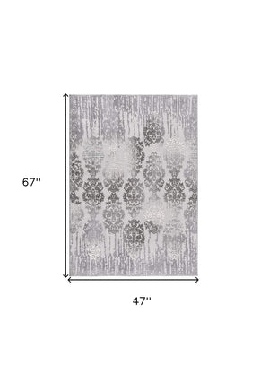 Homeroots 4' X 6' Gray And Ivory Damask Power Loom Area Rug  Polyester 393574