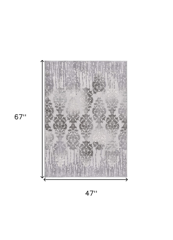 Homeroots 4' X 6' Gray And Ivory Damask Power Loom Area Rug  Polyester 393574