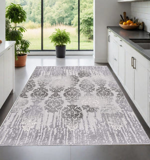 Homeroots 8' X 10' Gray Damask Power Loom Area Rug  Polyester 393577