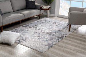 HomeRoots 5' Gray and Ivory Damask Area Rug – Elegant Power Loomed Design for Luxurious Comfort and Style 4' x 6' 393579