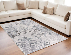 HomeRoots 5' Gray and Ivory Damask Area Rug – Elegant Power Loomed Design for Luxurious Comfort and Style 4' x 6' 393579