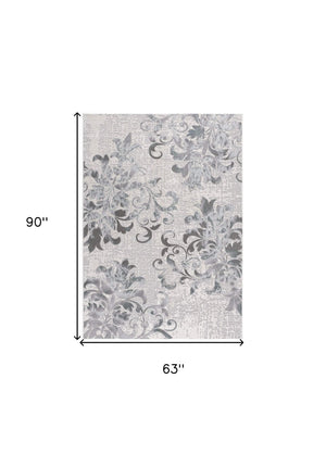 HomeRoots 5' Gray and Ivory Damask Area Rug – Elegant Power Loomed Design for Luxurious Comfort and Style 4' x 6' 393579