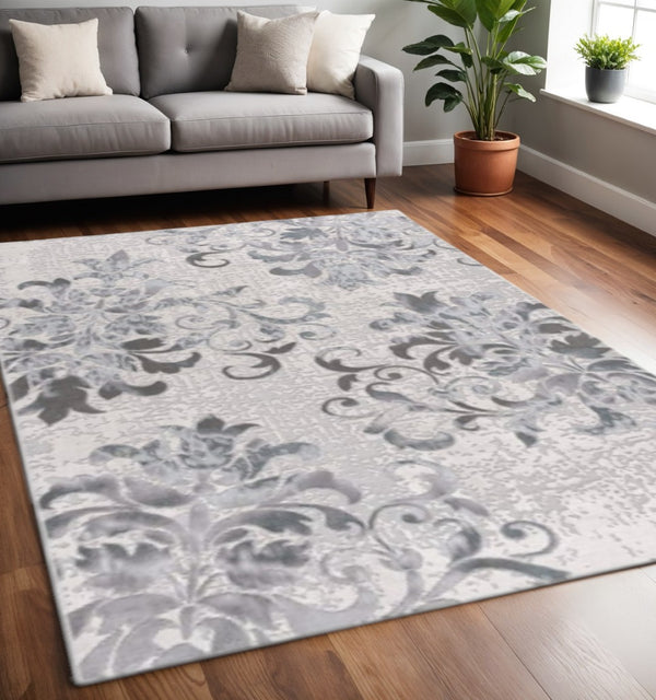 HomeRoots 5' Gray and Ivory Damask Area Rug – Elegant Power Loomed Design for Luxurious Comfort and Style 5' X 7' 393580