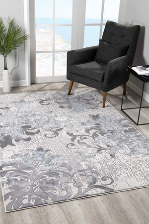 HomeRoots 5' Gray and Ivory Damask Area Rug – Elegant Power Loomed Design for Luxurious Comfort and Style 5' X 7' 393580
