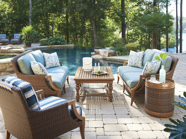 Lexington Tommy Bahama Outdoor 3935-945 Coastal-inspired Rectangular Cocktail Table With Elegant Woven Aluminum Top & Turned Legs Walnut Wood 3935-945