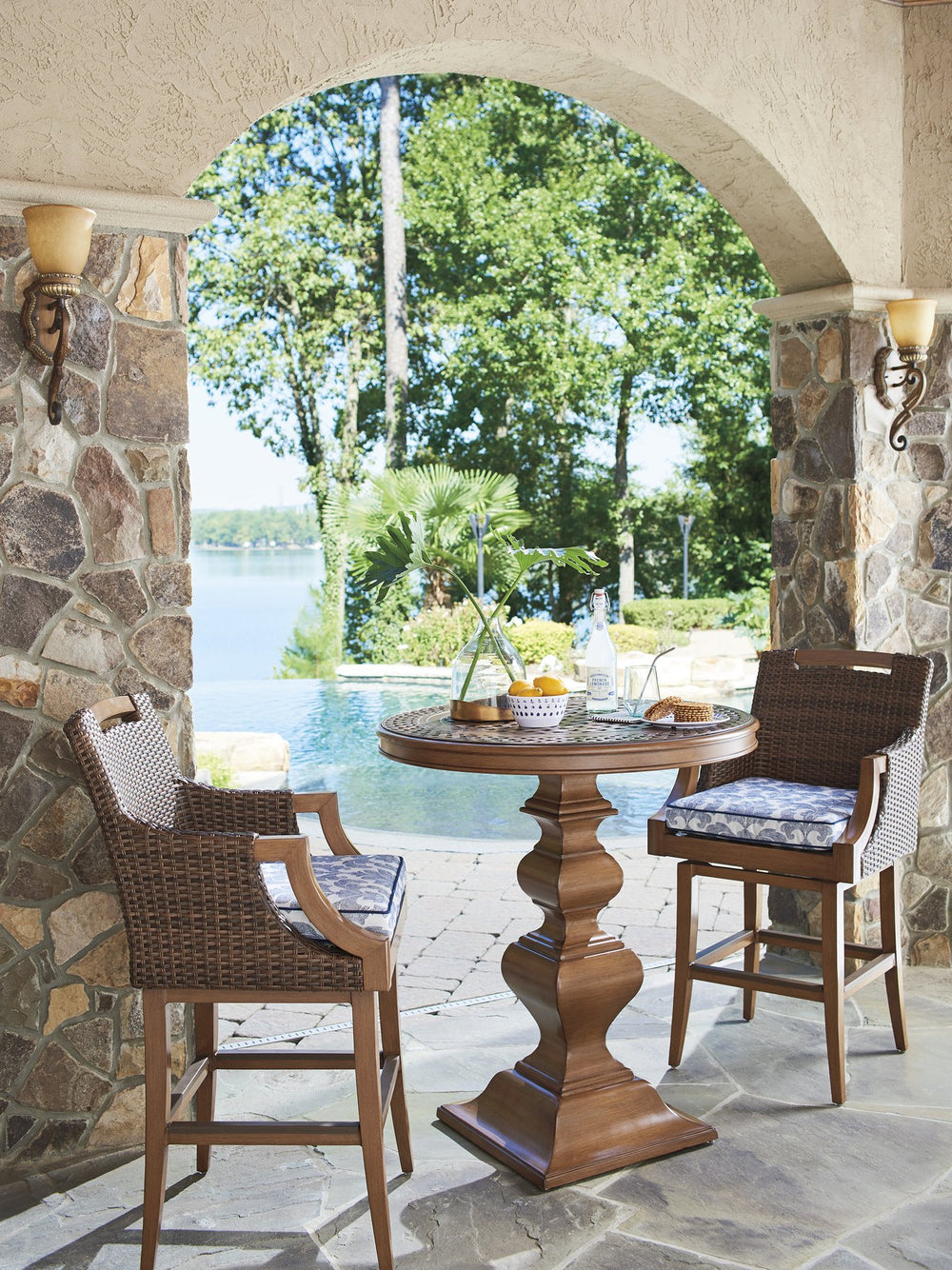 Lexington Tommy Bahama Outdoor 3935-873c Elegant High/Low Bistro Table With Handcrafted Aluminum Top And Coastal Aesthetic Design Walnut Wood 3935-873c