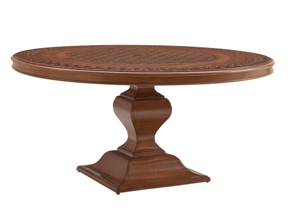 Lexington Tommy Bahama Outdoor 3935-875c Elegant Coastal Round Dining Table With Intricate Woven Top & Umbrella Pass-through Walnut Wood 3935-875c