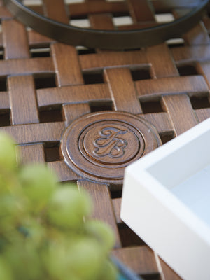 Lexington Tommy Bahama Outdoor 3935-875c Elegant Coastal Round Dining Table With Intricate Woven Top & Umbrella Pass-through Walnut Wood 3935-875c