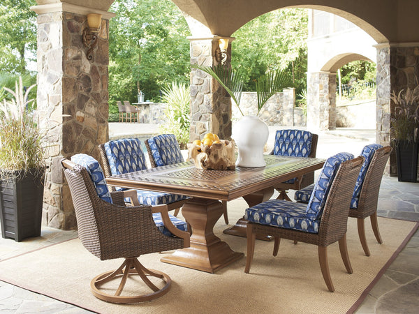 Lexington Tommy Bahama Outdoor 3935-877c Coastal Style Rectangular Dining Table With Elegant Basket Weave Top And Umbrella Insert Walnut Wood 3935-877c