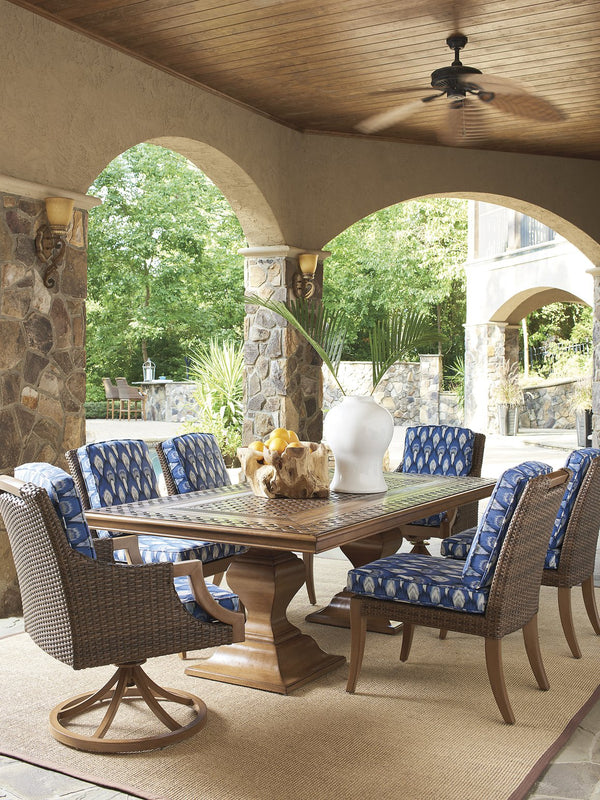 Lexington Tommy Bahama Outdoor 3935-877c Coastal Style Rectangular Dining Table With Elegant Basket Weave Top And Umbrella Insert Walnut Wood 3935-877c