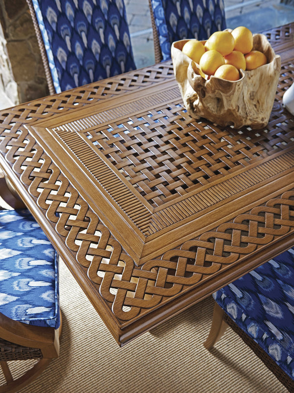 Lexington Tommy Bahama Outdoor 3935-877c Coastal Style Rectangular Dining Table With Elegant Basket Weave Top And Umbrella Insert Walnut Wood 3935-877c