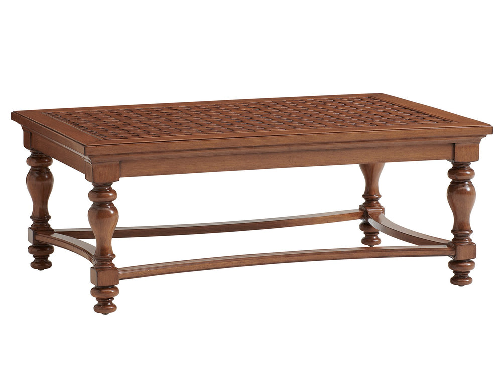 Lexington Tommy Bahama Outdoor 3935-945 Coastal-inspired Rectangular Cocktail Table With Elegant Woven Aluminum Top & Turned Legs Walnut Wood 3935-945