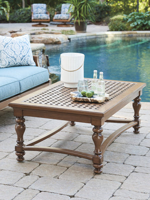 Lexington Tommy Bahama Outdoor 3935-945 Coastal-inspired Rectangular Cocktail Table With Elegant Woven Aluminum Top & Turned Legs Walnut Wood 3935-945