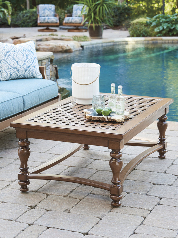 Lexington Tommy Bahama Outdoor 3935-945 Coastal-inspired Rectangular Cocktail Table With Elegant Woven Aluminum Top & Turned Legs Walnut Wood 3935-945